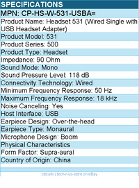 Cisco CP-HS-W-531-USBA= Headset 531 (Wired Single with USB Headset Adapter)