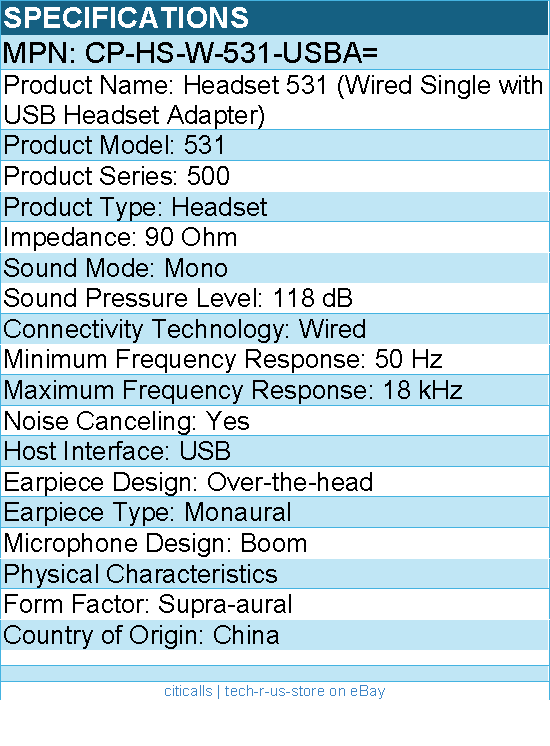 Cisco CP-HS-W-531-USBA= Headset 531 (Wired Single with USB Headset Adapter)