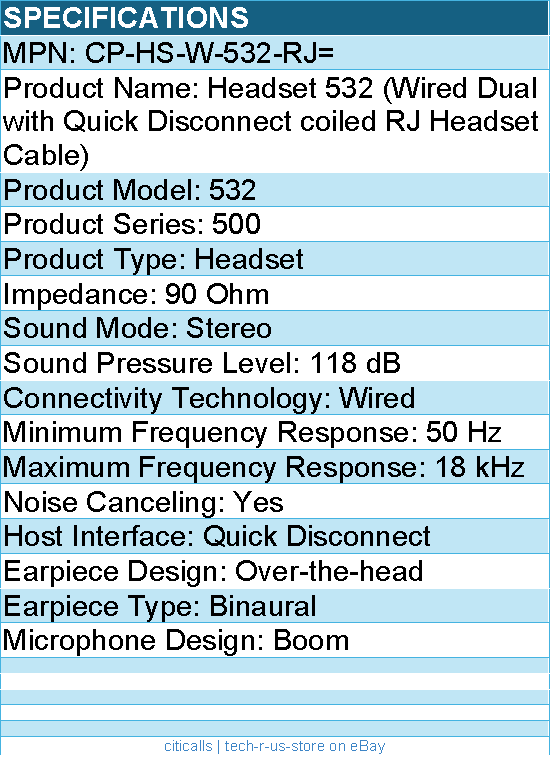 Cisco CP-HS-W-532-RJ= Headset 532 - Wired Dual with Quick Disconnect