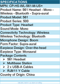 Cisco CP-HS-WL-561-M-US= 561 Headset - Mono - Wireless - Bluetooth - Supra-aural