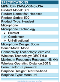 Cisco CP-HS-WL-561-S-US= 561 Headset - Mono - Wireless - DECT 6.0 - Supra-aural