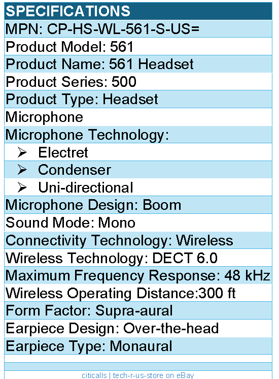 Cisco CP-HS-WL-561-S-US= 561 Headset - Mono - Wireless - DECT 6.0 - Supra-aural
