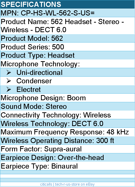 Cisco CP-HS-WL-562-S-US= 562 Headset - Stereo - Wireless - DECT 6.0