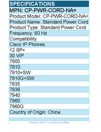 Cisco CP-PWR-CORD-NA= Standard Power Cord - for IP Phone 7900 Series