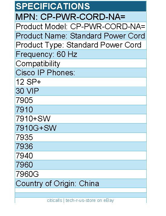 Cisco CP-PWR-CORD-NA= Standard Power Cord - for IP Phone 7900 Series
