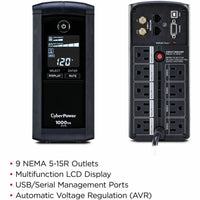 CyberPower CP1000AVRLCD Intelligent LCD UPS Systems - 1000VA/600W - 9 Outlets
