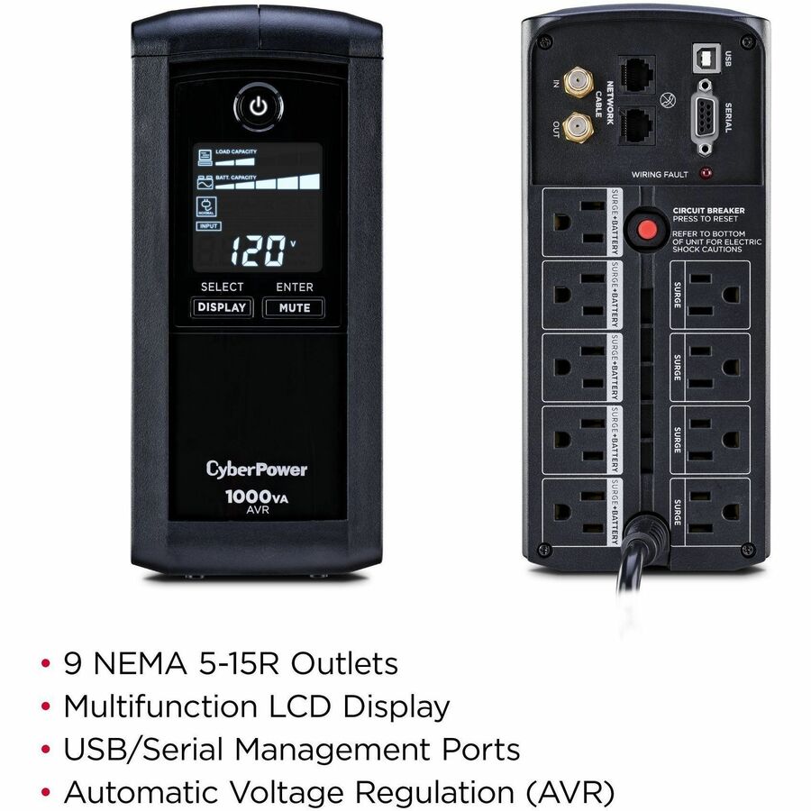 CyberPower CP1000AVRLCD Intelligent LCD UPS Systems - 1000VA/600W - 9 Outlets