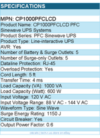 CyberPower CP1000PFCLCD PFC Sinewave UPS Systems - 1000VA/600W, 120 VAC