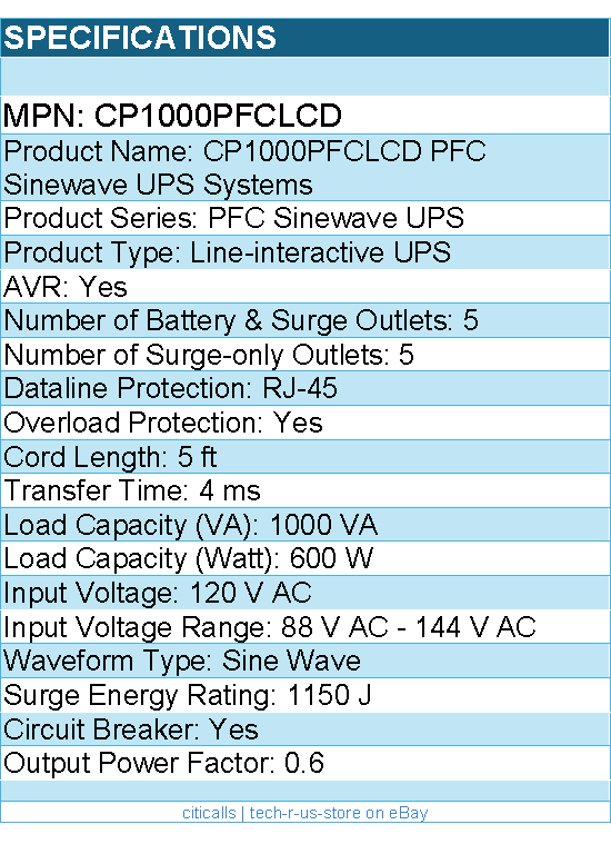 CyberPower CP1000PFCLCD PFC Sinewave UPS Systems - 1000VA/600W, 120 VAC