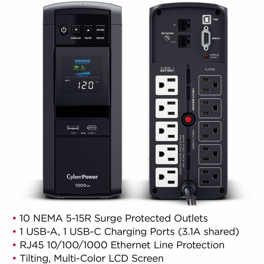 CyberPower CP1000PFCLCD PFC Sinewave UPS Systems - 1000VA/600W, 120 VAC