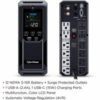 CyberPower CP1500AVRLCD3 Intelligent LCD UPS Systems - 1500VA/900W, 120 VAC