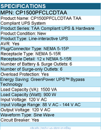 CyberPower CP1500PFCLCDTAA TAA Compliant UPS System - 1500VA/1000W, 120 VAC