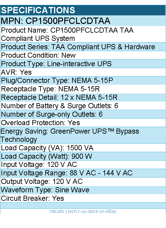 CyberPower CP1500PFCLCDTAA TAA Compliant UPS System - 1500VA/1000W, 120 VAC