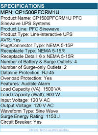 CyberPower CP1500PFCRM1U PFC Sinewave UPS Systems - 1500VA/900W, 120 VAC