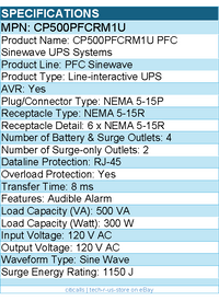 CyberPower CP500PFCRM1U PFC Sinewave UPS Systems - 500VA/300W, 120 VAC