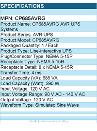 CyberPower CP685AVRG AVR UPS Systems - 685VA/390W, 120 VAC - 8 Outlets