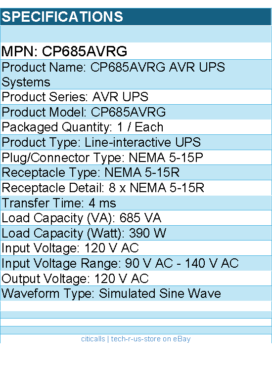CyberPower CP685AVRG AVR UPS Systems - 685VA/390W, 120 VAC - 8 Outlets
