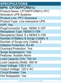 CyberPower CP700PFCRM1U PFC Sinewave UPS Systems - 700VA/400W, 120 VAC