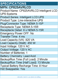 CyberPower CP825AVRLCD Intelligent LCD UPS Systems - 825VA/450W, 120 VAC
