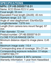 Hasselblad CP.HB.00000718.01 XCD 55mm f/2.5 V Lens for X System and 907x cameras