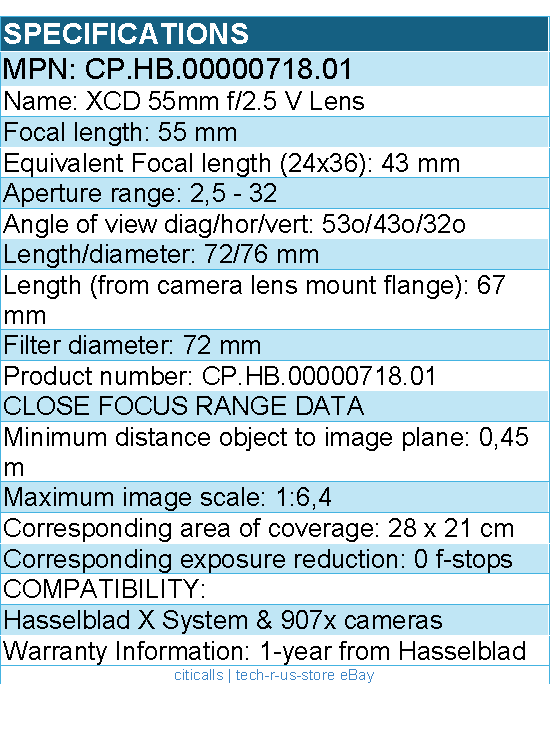Hasselblad CP.HB.00000718.01 XCD 55mm f/2.5 V Lens for X System and 907x cameras
