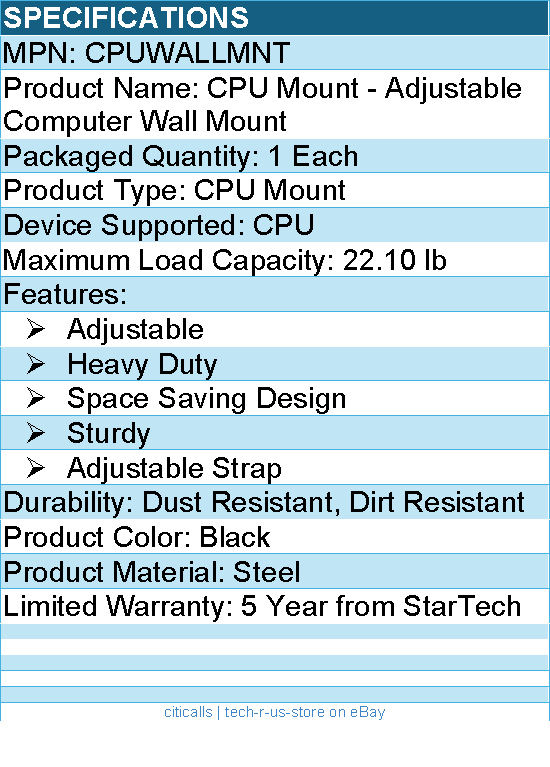 StarTech CPUWALLMNT CPU Mount - Adjustable Computer Wall Mount - PC Wall Mount