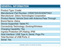 Zebra CRD-ET6X-VEHDK-PTA01 Vehicle Dock w Ant Passthru USB Serial USB ET60 ET65