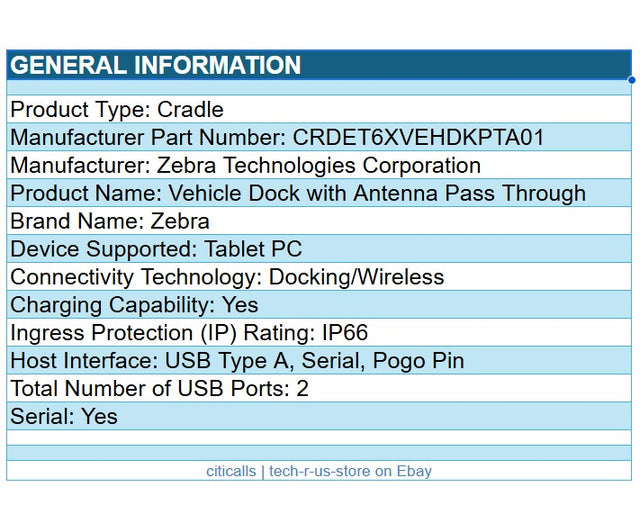 Zebra CRD-ET6X-VEHDK-PTA01 Vehicle Dock w Ant Passthru USB Serial USB ET60 ET65