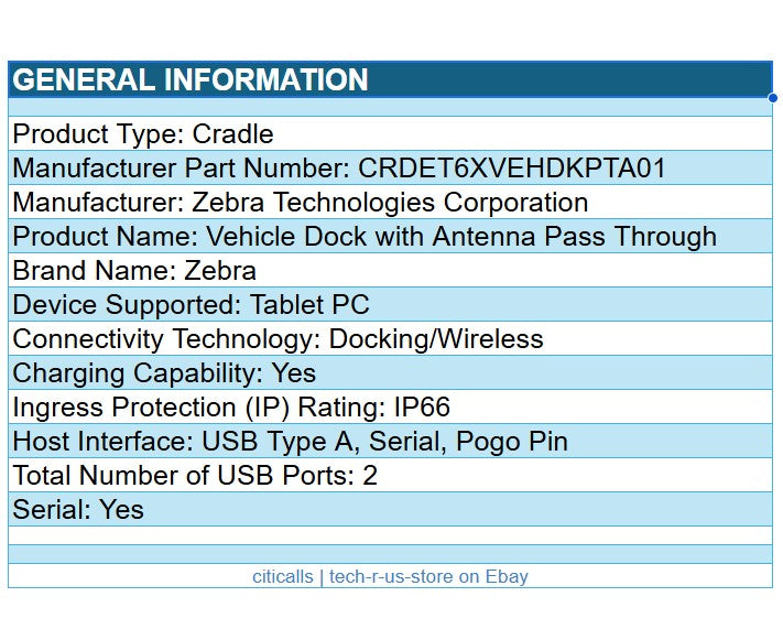 Zebra CRD-ET6X-VEHDK-PTA01 Vehicle Dock w Ant Passthru USB Serial USB ET60 ET65