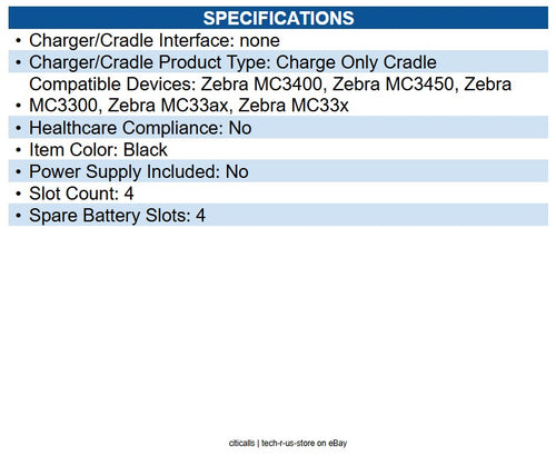 Zebra CRD-MC33-4SC4BC-01 Cradle Wired Mobile Computer 4 Slot Charging Capability