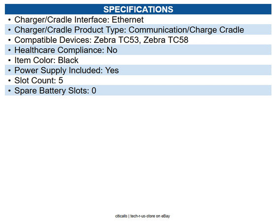 Zebra CRD-NGTC5N-5SE5D 5-slot Ethernet Charger Kit Mobile Computer - TC53 / TC58