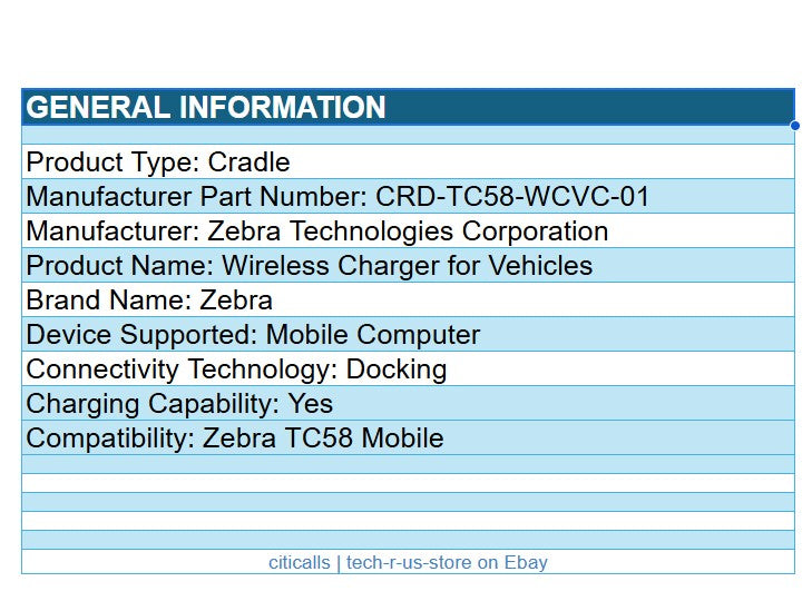 Zebra CRD-TC58-WCVC-01 Vehicle Dock Charger for TC58 Mobile Computer