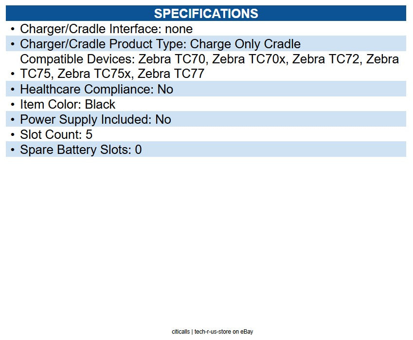 Zebra CRD-TC7X-SE5C1-01 TC7X, 5-Slot Charge-Only Cradle for 5x TC70s or 4x TC70s