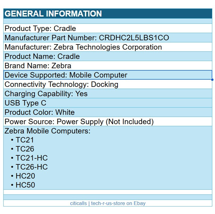 Zebra CRD-HC2L5L-BS1CO Docking Cradle Charger USB-C for TC21 TC26-HC  HC20 HC50