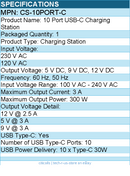 Codi CS-10PORT-C 10 Port USB-C Charging Station - 300 W - 10"" Cable