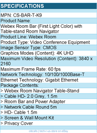 Cisco CS-BAR-T-K9 Webex Room Bar (FirstLight Color) w Table-stand Room Navigator