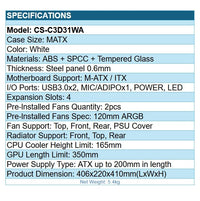 PCCooler C3D310 WH ARGB PC Gaming Case mATX ITX Easy Install Cable Storage White