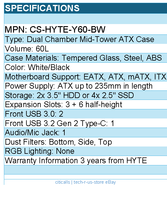 HYTE CS-HYTE-Y60-BW Computer Case - Y60 MidTower ATX Tempered Glass Retail