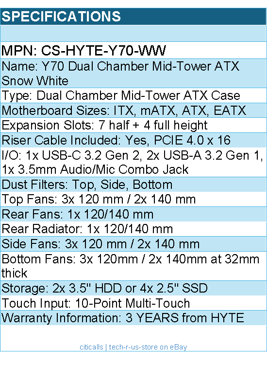 HYTE CS-HYTE-Y70-WW Computer Case - Y70 Dual Chamber Mid-Tower ATX Snow White