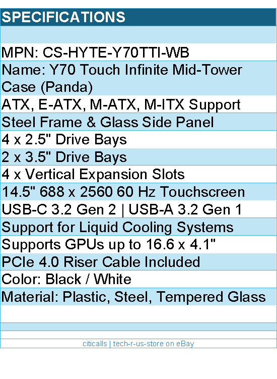 HYTE CS-HYTE-Y70TTI-WB Computer Case - Y70 touch infinite mTower ATX TG Panda