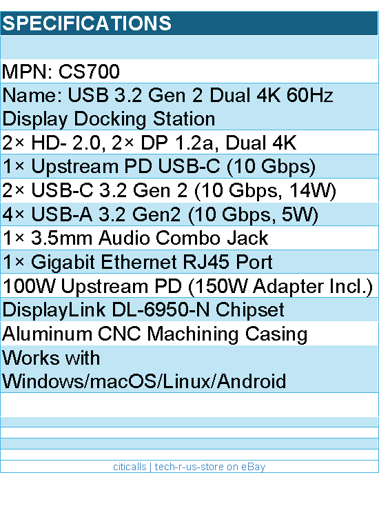 Cudy CS700 USB 3.2 Gen 2 Dual 4K 60Hz Display Docking Station, Up to 2 Monitor
