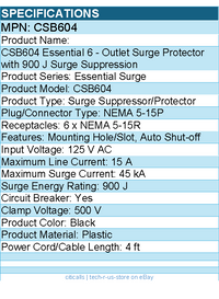 CyberPower CSB604 Essential 6 - Outlet Surge with 900 J - Black
