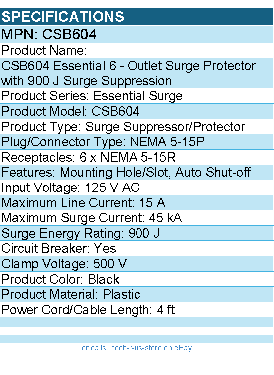 CyberPower CSB604 Essential 6 - Outlet Surge with 900 J - Black