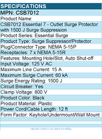 CyberPower CSB7012 Essential 7 - Outlet Surge with 1500 J - Black