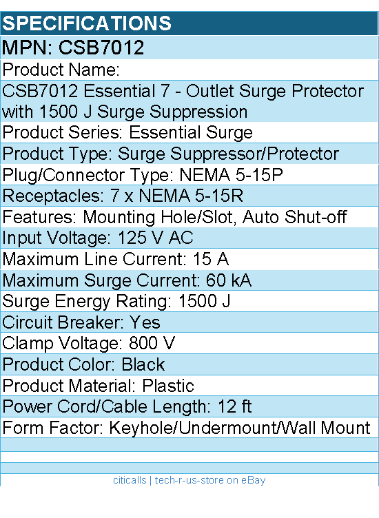 CyberPower CSB7012 Essential 7 - Outlet Surge with 1500 J - Black