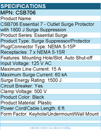 CyberPower CSB706 Essential 7 - Outlet Surge with 1500 J - Black