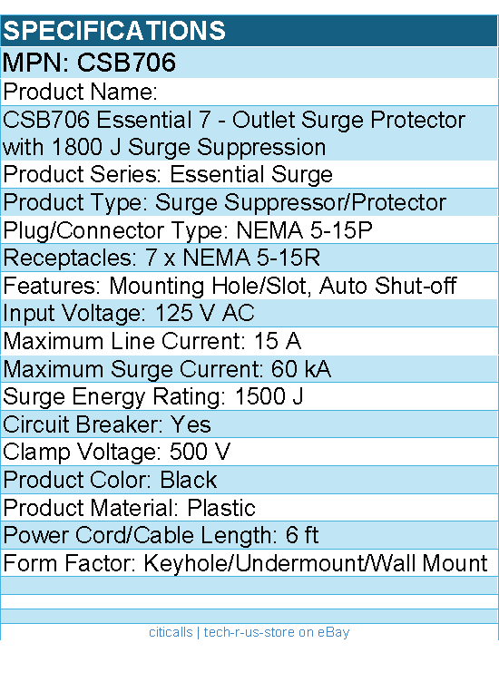 CyberPower CSB706 Essential 7 - Outlet Surge with 1500 J - Black
