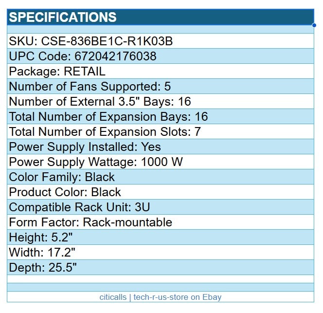 Supermicro CSE-836BE1C-R1K03B SuperChassis 3U 16-Bay 3.5 1000W Power Supply eATX