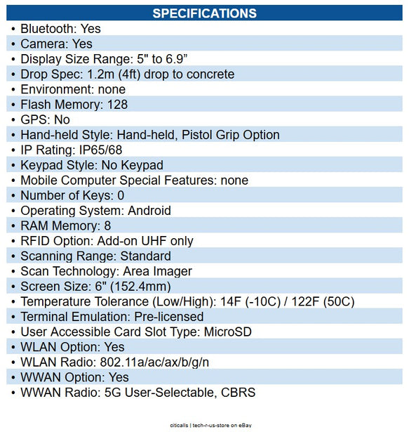 Honeywell CT37-X1N-57S10DG CT37 Handheld Computer 1D, 2D - 5G, 4G, 3G, LTE, UMTS