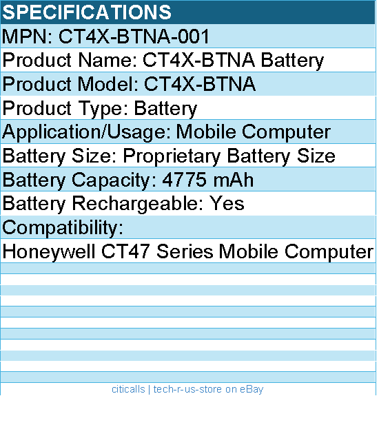 Honeywell CT4X-BTNA-001 CT4X-BTNA Battery - 4775 mAh For Mobile Computer